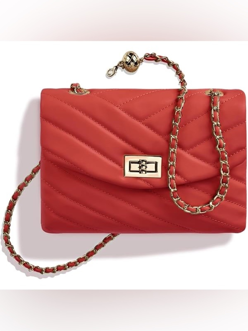 Red Quilted Chain Shoulder Bag with Gold Hardware